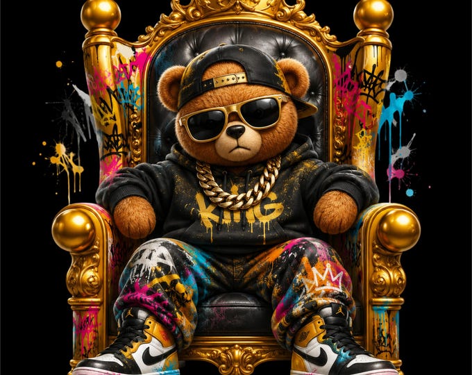 Royal Bear PNG Design | Teddy Bear on Throne | Hip Hop Bear Artwork | Streetwear Teddy Bear with Crown | Luxury Bear PNG | Urban Bear Design