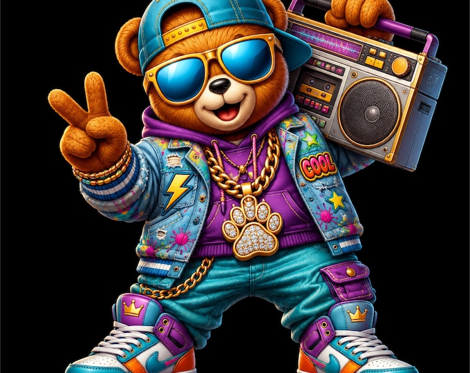 Hip Hop Bear PNG Design | Teddy Bear with Boombox | Cool Streetwear Bear Artwork | Urban Bear with Cap & Sunglasses | Rapper Bear PNG