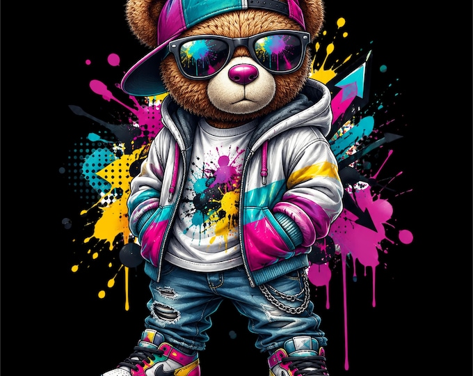 Cool Teddy Bear PNG Design | Streetwear Bear with Cap & Sunglasses | Graffiti Teddy Bear Artwork | Urban Bear PNG | Colorful Hip Hop Bear