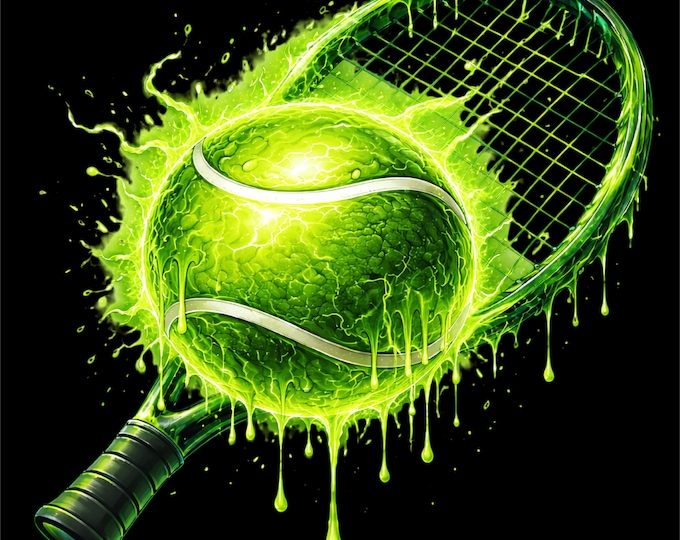 Neon Tennis PNG | Tennis Racket & Ball Splash Design | Green Glow Sports Graphic | Tennis Shirt Design | DTF DTG Print File