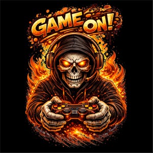 May include: A digital illustration of a skull wearing a hoodie and headphones, holding a game controller. The skull has glowing orange eyes and is surrounded by flames. The words "GAME ON!" are written above the skull in orange.