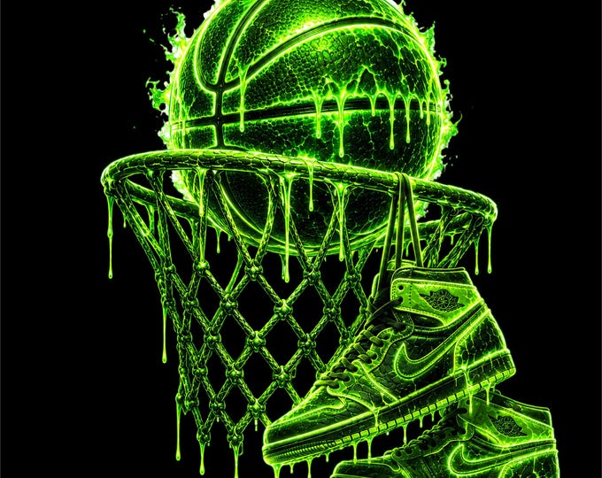 Green Neon Basketball PNG | Glowing Basketball Hoop Design | Streetwear Sports Graphic | Basketball Lover Artwork | Neon Sneaker PNG |