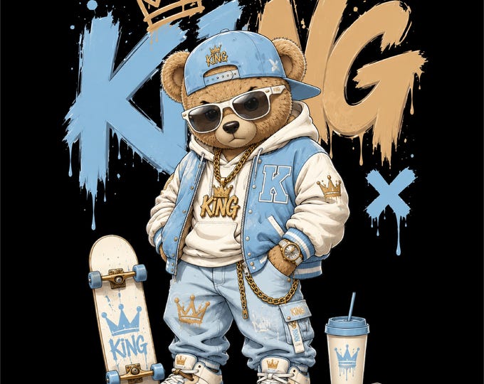 King Bear PNG Design | Skateboard Teddy Bear Artwork | Hip Hop Bear PNG | Cool Bear with Skateboard | Blue Streetwear Bear Graphic |