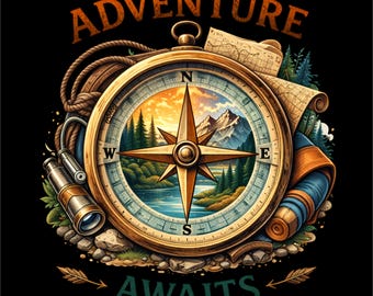 Brújula vintage PNG / La aventura te espera, diseño de senderismo (descarga instantánea)