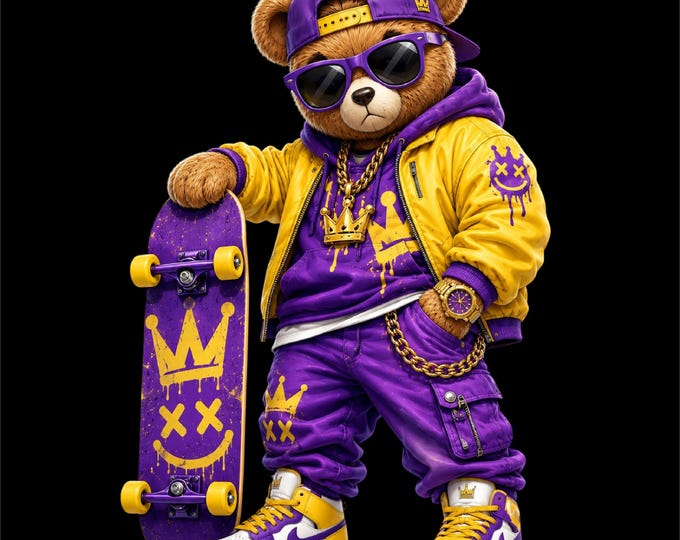 Skateboard Bear PNG Design | Teddy Bear Skater Artwork | Cool Bear with Skateboard | Purple Bear Streetwear PNG | Hip Hop Bear Graphic |