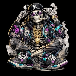 Hip-Hop-Skelett PNG | Streetwear Schädel-T-Shirt Design | Urban Rap Skelett Grafik | Coole Totenkopf Sublimation | Sofort Download