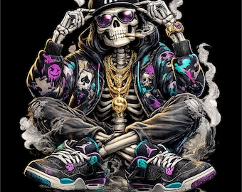 Hip Hop Skeleton PNG | Streetwear Skull T Shirt Design | Urban Rap Skeleton Graphic | Cool Skull Sublimation | Instant Download