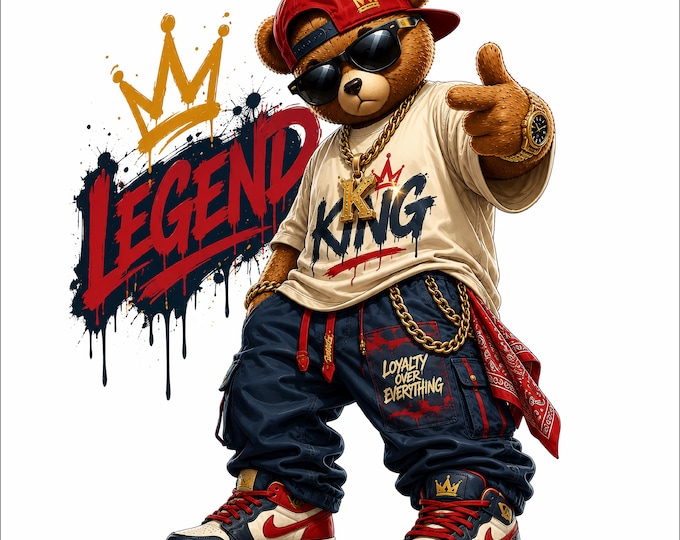 Legend Bear PNG Design | King Teddy Bear Artwork | Hip Hop Bear PNG | Cool Bear Streetwear Design | Urban Bear with Cap & Sunglasses |