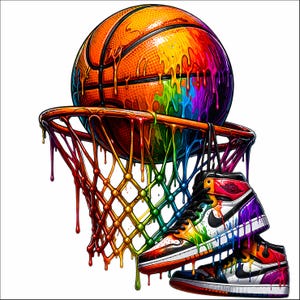 May include: A vibrant digital illustration of a basketball, hoop, and sneakers with a rainbow dripping paint effect. The basketball is orange with black lines, the hoop is brown, and the sneakers are white, black, and red.