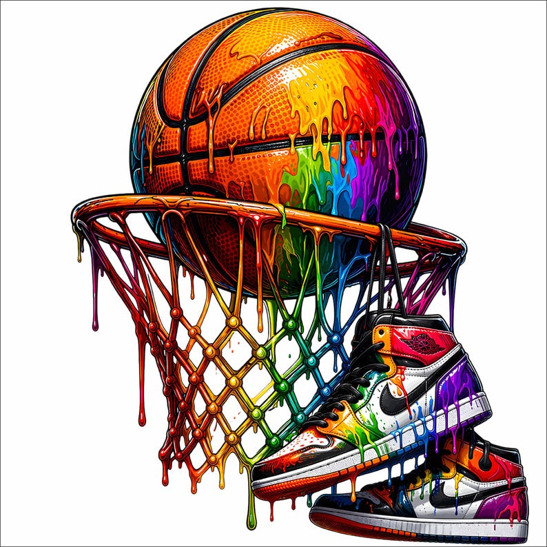 May include: A vibrant digital illustration of a basketball, hoop, and sneakers with a rainbow dripping paint effect. The basketball is orange with black lines, the hoop is brown, and the sneakers are white, black, and red.