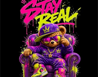 Diseño PNG de Stay Real Bear / Ilustración de oso de peluche urbano / Gráfico de graffiti hip hop / Ilustración de moda urbana / Stay Real PNG
