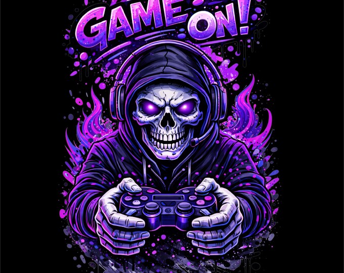 Gaming Skull PNG | Purple Neon Gamer Design | Game On Gaming Art | Gamer Streetwear Graphic | DTF DTG Print File