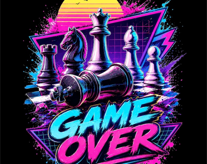 Game Over Chess PNG Design | Neon Chess Pieces Artwork | Retro Gaming Graphic | Checkmate Illustration | Chess Player PNG | Digital Download
