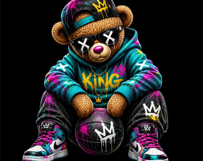 King Bear PNG Design | Hip Hop Teddy Bear Artwork | Streetwear Bear with Cap & Sneakers | Urban Teddy Bear Graphic | Cool Bear PNG