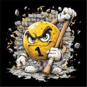 Puede incluir: Ilustración de dibujos animados de una bola amarilla con una cara enojada, rompiendo una pared de ladrillos con un bate de béisbol. La bola tiene el número 1 y lleva guantes y zapatos blancos. El fondo es negro.
