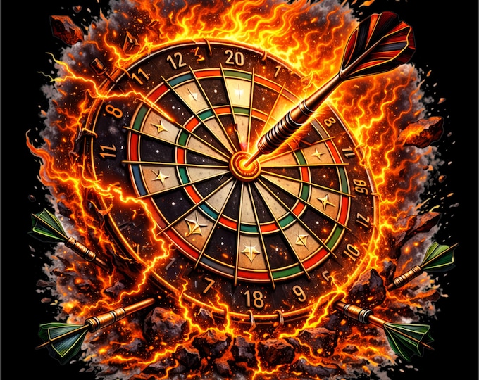 Fire Dartboard PNG | Flaming Darts Bullseye Design | Dart Player Shirt png | Darts Game Graphic | Pub Game Dartboard | DTF DTG Print File