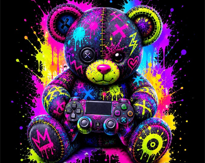 Gamer Bear PNG Design | Colorful Teddy Bear Gaming Artwork | Neon Gamer Graphic | Graffiti Gaming Illustration | Video Game Lover PNG |