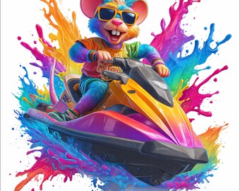 Ratón en moto acuática PNG / Diseño de deportes acuáticos neón / Arte animal con salpicaduras de color / Gráfico de ropa urbana de verano / Archivo de impresión DTF DTG