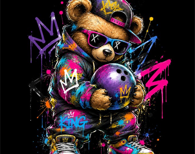Bowling Bear PNG | Neon Bowling Streetwear Design | Urban Graffiti Bear Graphic | Bowling Ball Art | DTF DTG Print File