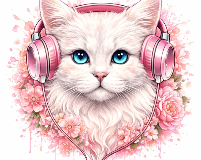 Cute Cat PNG | Kitten With Headphones | Pink Floral Cat Design | Cat Lover Gift | DTG DTF Print File | Instant Download