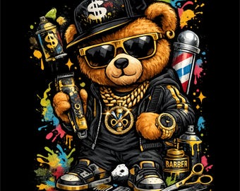 Barber Bear PNG | Hip Hop Barber Shop Design | Barber T-Shirt Graphic | Hair Stylist Gift | Street Style Bear Art |  Instant Download