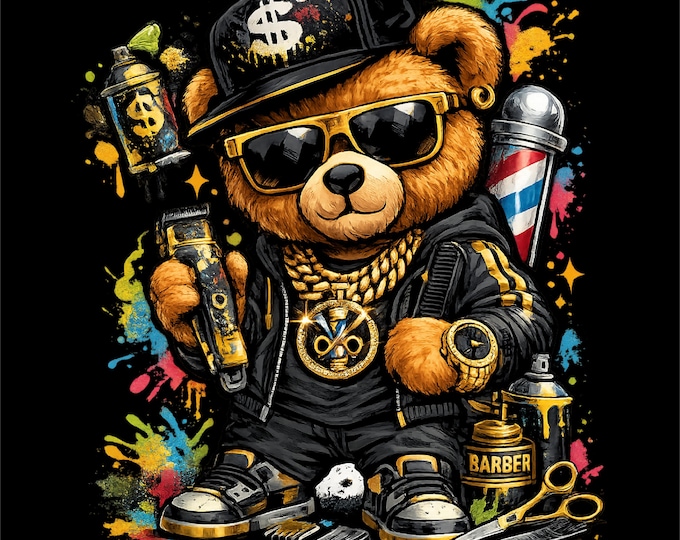 Barber Bear PNG | Hip Hop Barber Shop Design | Barber T-Shirt Graphic | Hair Stylist Gift | Street Style Bear Art |  Instant Download