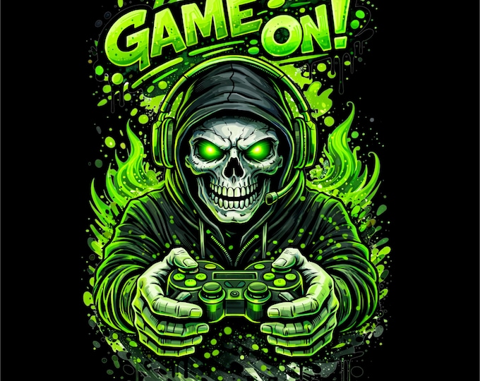 Game On PNG | Skull Gamer Design | Gaming Skull Graphic | Gamer Shirt PNG | Neon Gamer Art | Esports Shirt Design