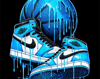 Diseño PNG de baloncesto azul / Ilustración de baloncesto y zapatillas azules / Gráfico de baloncesto neón / Zapatillas de baloncesto PNG / Ropa urbana con aros