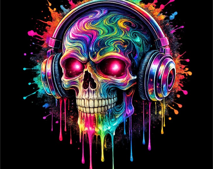 Neon Graffiti Skull Headphones PNG | Colorful Street Art (Instant Download)