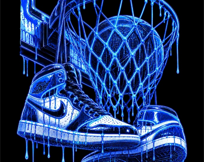 Blue Basketball PNG Design | Blue Basketball & Sneakers Artwork | Neon Blue Basketball Graphic | Basketball Shoes PNG | Hoops Streetwear