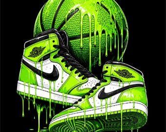 Diseño PNG de baloncesto verde / Ilustración de baloncesto y zapatillas verdes / Gráfico de baloncesto verde neón / Zapatillas de baloncesto PNG / Ropa urbana con aros