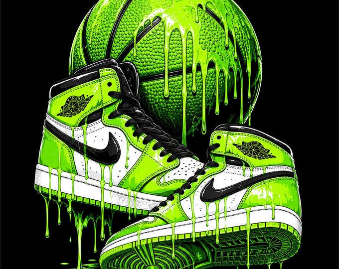 Green Basketball PNG Design | Green Basketball & Sneakers Artwork | Neon Green Basketball Graphic | Basketball Shoes PNG | Hoops Streetwear