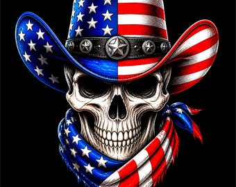 Cowboy Skull PNG | Patriotic Western Design | American Outlaw Graphic | Western Skull Art | DTF DTG Print File