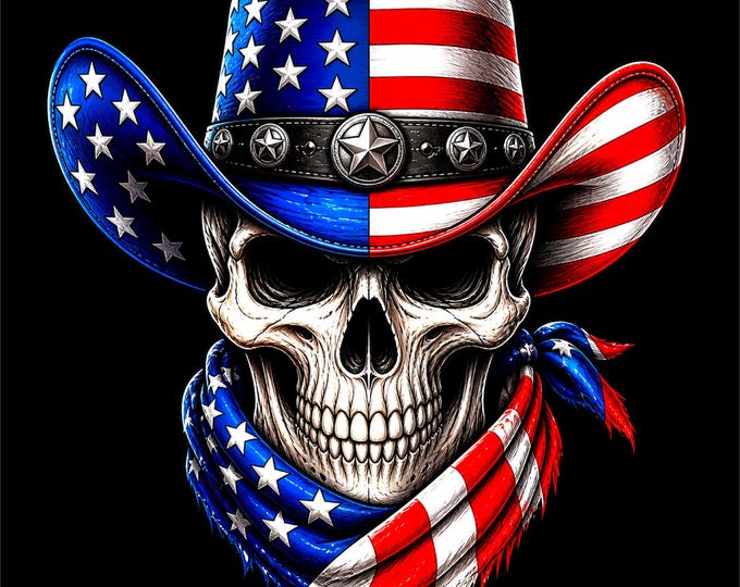 Cowboy Skull PNG | Patriotic Western Design | American Outlaw Graphic | Western Skull Art | DTF DTG Print File