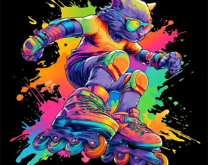 Roller Cat PNG | Neon Skater Cat Design | Color Splash Streetwear Art | Roller Skating Graphic | DTF DTG Print File