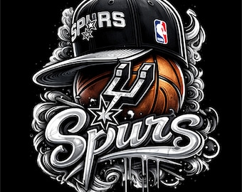 May include: Digital illustration of a black baseball cap with "SPURS" in white, a basketball, and the team's logo. The image has a black background and includes the NBA logo.