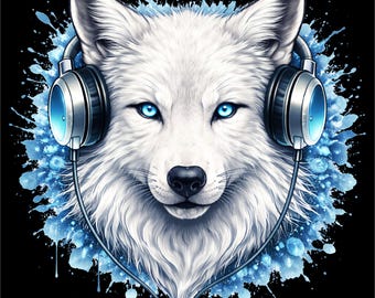 Wolf PNG | White Wolf Headphones Illustration | Arctic Animal Art | Streetwear Wolf Design | DTF DTG Print File
