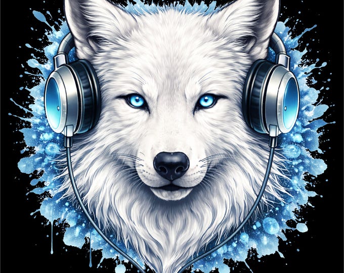 Wolf PNG | White Wolf Headphones Illustration | Arctic Animal Art | Streetwear Wolf Design | DTF DTG Print File