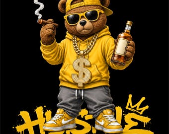 Desenho PNG de Urso de Dinheiro | Arte de Urso de Pelúcia de Luxo | Urso Hip Hop com Charuto e Garrafa | Gráfico Streetwear de Urso Rico | Urso Dourado PNG |