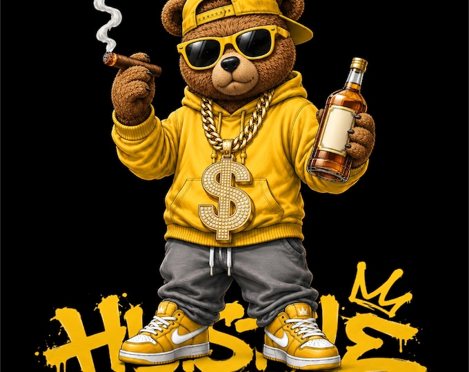 Money Bear PNG Design | Luxury Teddy Bear Artwork | Hip Hop Bear with Cigar & Bottle | Rich Bear Streetwear Graphic | Gold Bear PNG |