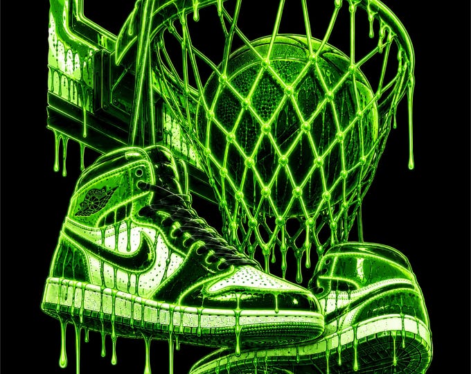 Neon Green Basketball PNG Design | Basketball Hoop & Sneakers Artwork | Green Basketball Graphic | Basketball Shoes PNG |