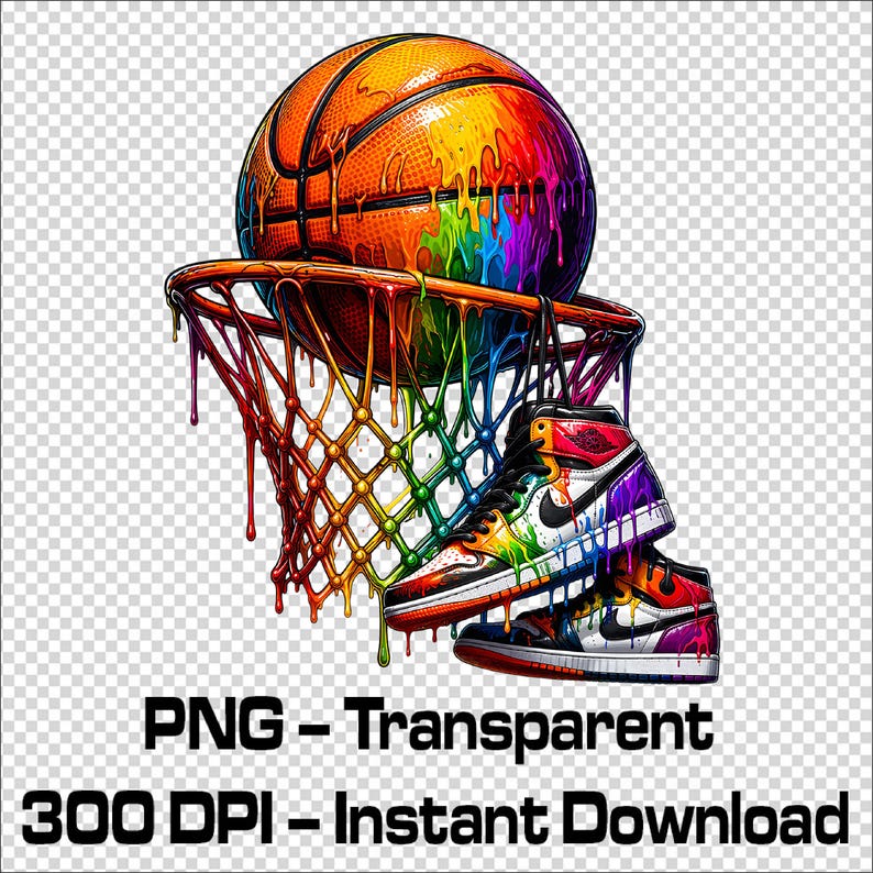 May include: A vibrant digital illustration of a basketball, net, and sneakers with a rainbow paint drip effect. The basketball is orange with colorful drips, the net is multi-colored, and the sneakers are black, white, and rainbow.