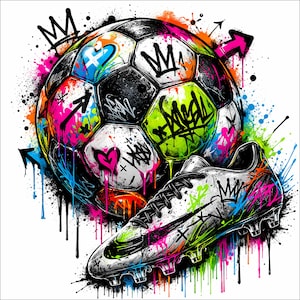 以下が含まれることがあります： 落書きアートが施されたサッカーボールとサッカーシューズ。ボールは白と黒で、カラフルな落書きタグ、ハート、王冠が描かれています。シューズは白で、黒いナイキのスウッシュとカラフルなペイントスプラッターがあります。