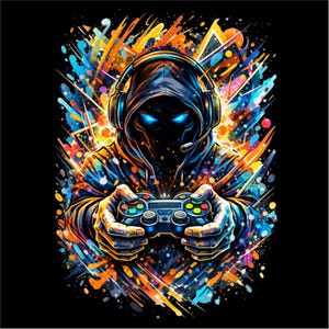 May include: Digital art of a hooded figure with glowing blue eyes, wearing headphones and holding a game controller. The artwork features a vibrant explosion of colors, including blue, orange, and yellow, against a black background.