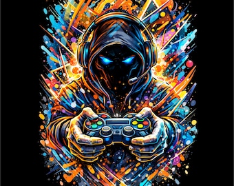 Diseño PNG de jugador / Controlador de jugador con capucha / Ropa de juego PNG / Arte de jugador de deportes electrónicos / Diseño de camiseta de videojuego / dtf dtg png