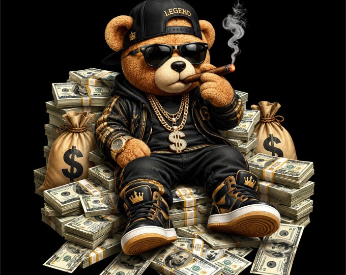 Money Bear PNG, Gangster Bear PNG, Bear Sitting on Money, Cigar Bear Design, Rich Bear PNG, Streetwear Bear