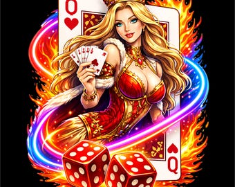 Royal Luck Queen PNG | Casino Queen Design | Playing Cards Dice Illustration | Gambling Queen Art | Poker Queen Png | Dtf Dtg Print File