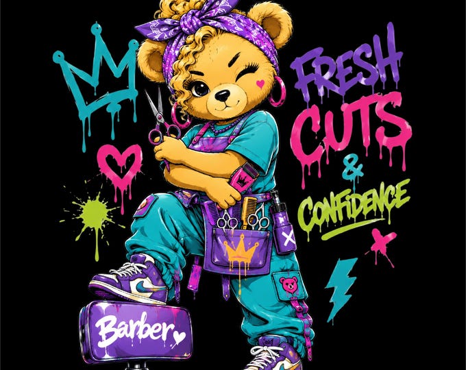 Barber Bear PNG Design | Teddy Bear Barber Artwork | Cute Bear with Scissors | Girl Barber PNG | Barber Shop Bear Graphic |