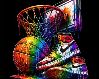 Diseño PNG de baloncesto / Ilustración de baloncesto arcoíris / Gráfico de aro y zapatillas coloridas / Ilustración deportiva de baloncesto / Amante del baloncesto