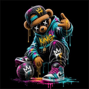 May include: A brown teddy bear wearing a black cap with a gold crown, sunglasses, and a blue hoodie with the word "KING". The bear is sitting next to a basketball and wearing trainers. The image has a black background with colourful paint drips.